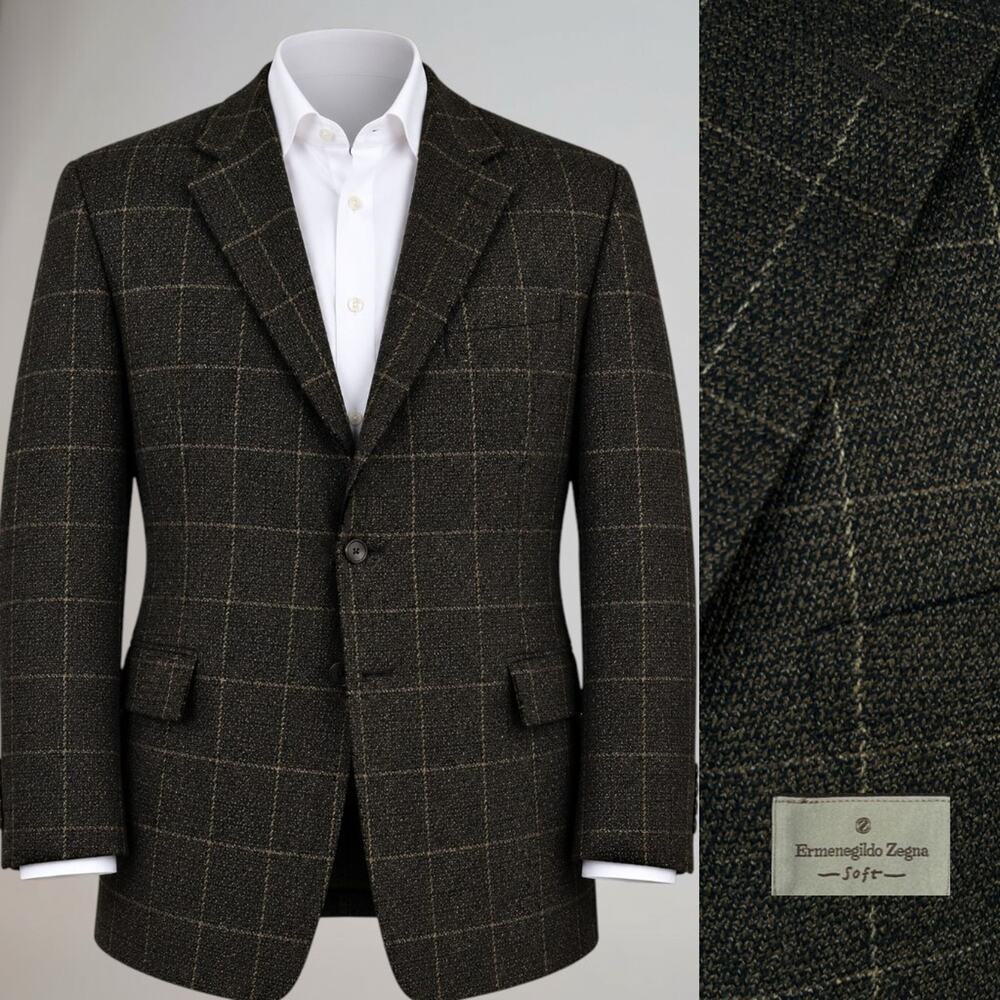 Zegna 48R Wool Cashmere Sport Coat Espresso Brown Camel Plaid 3/2 Roll